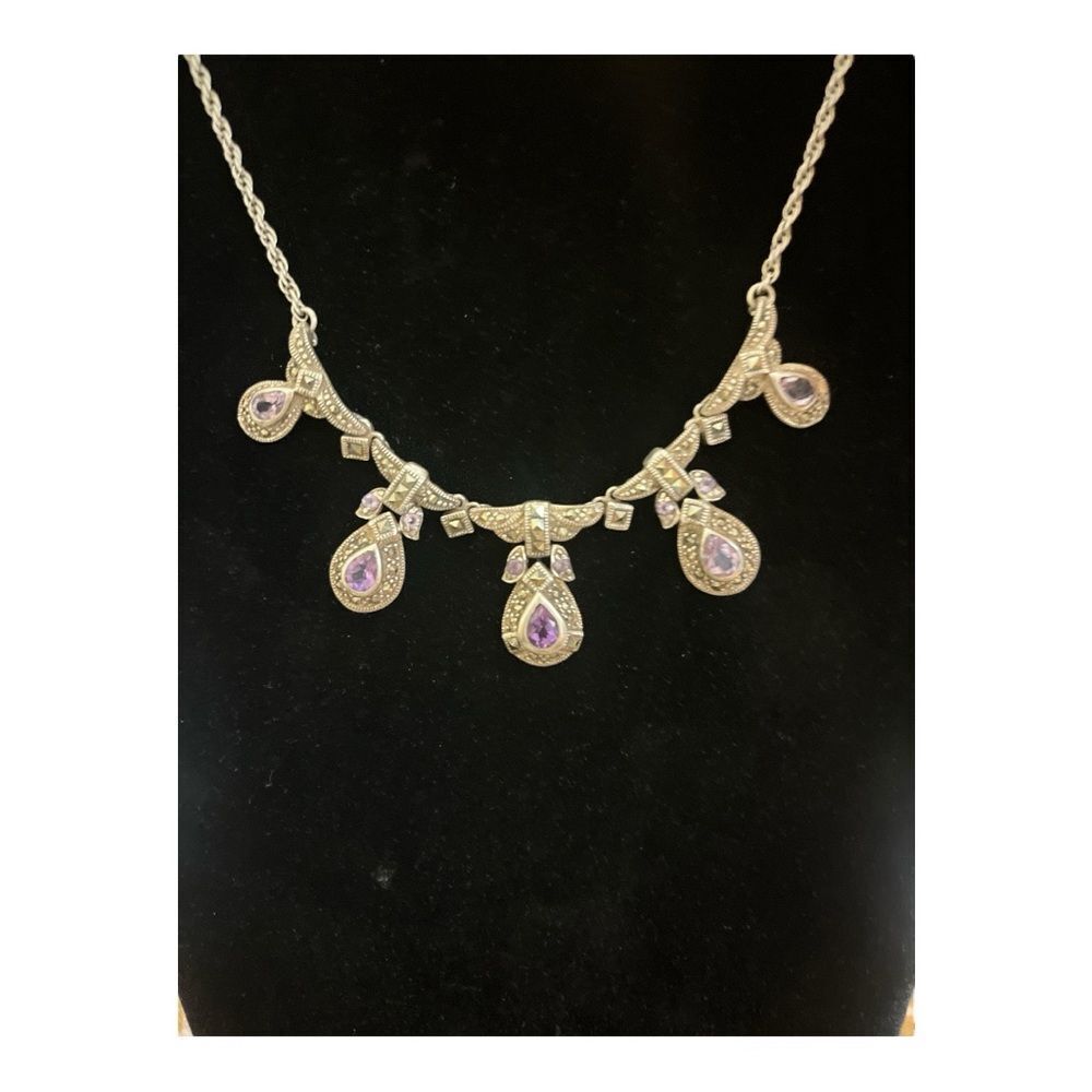 VINTAGE ART DECO STERLING SILVER, MARCASITE & AMETHYST NECKLACE - Picture 2 of 5
